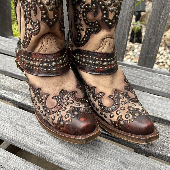 Corral Women's Sand/Overlay w/ Studs Brown Leather Boots!  Gorgeous! Size 7 1/2 - Picture 2 of 16